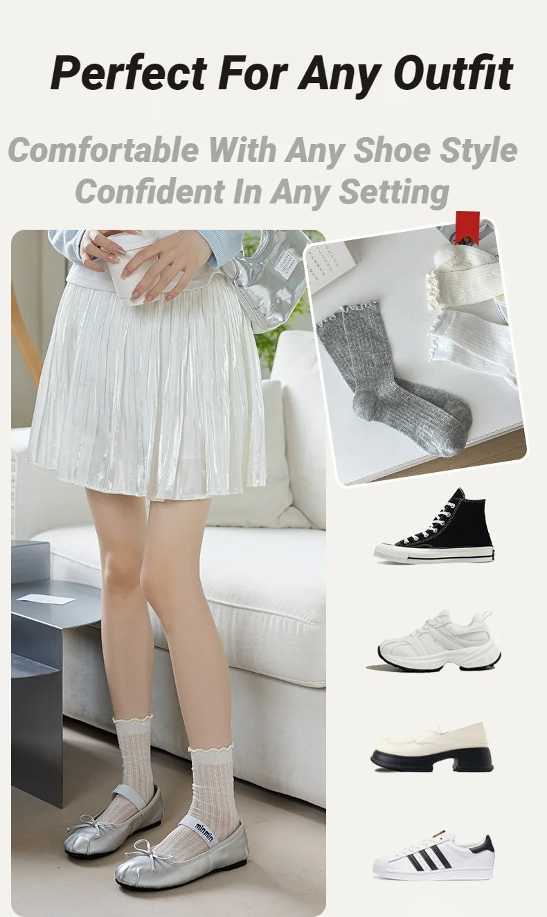 Women Solid Color Mesh Mid Tube Socks Spring Summer Thin Lightweight Breathable Wavy Edge Ballet Style Casual Hollo