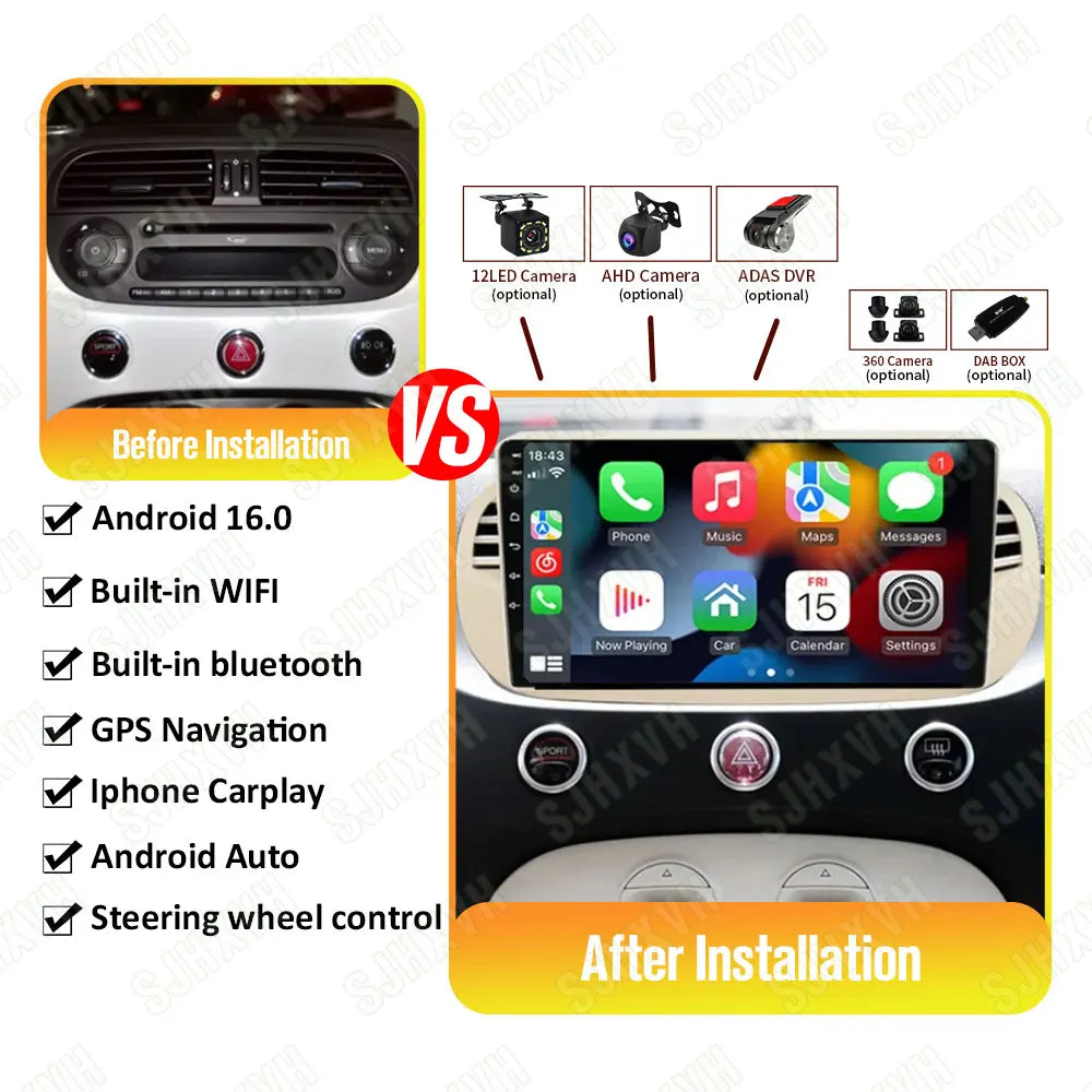 Car DVD Android 16 Radio Stereo For Fiat 500 2007-2015 Auto Multimedia Player GPS Navigation Head Unit High-Performance WIFI