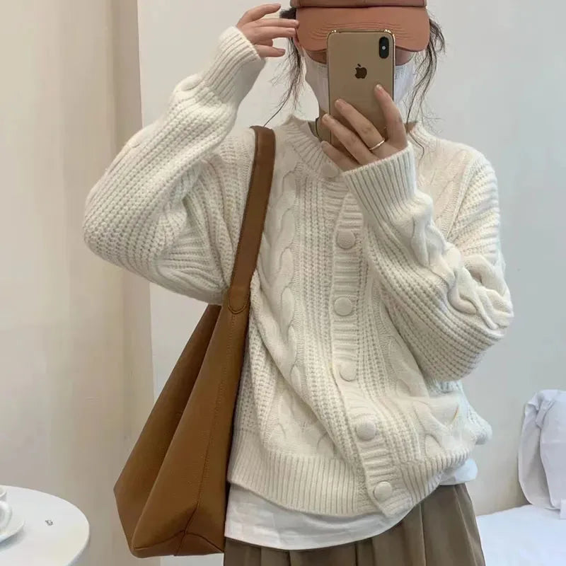 Autumn Twist Knitted Cardigan Womem Winter Thicken Warm O Neck Sweater Jacket Female Solid Button Up Long Sleeve Crop Knitwear