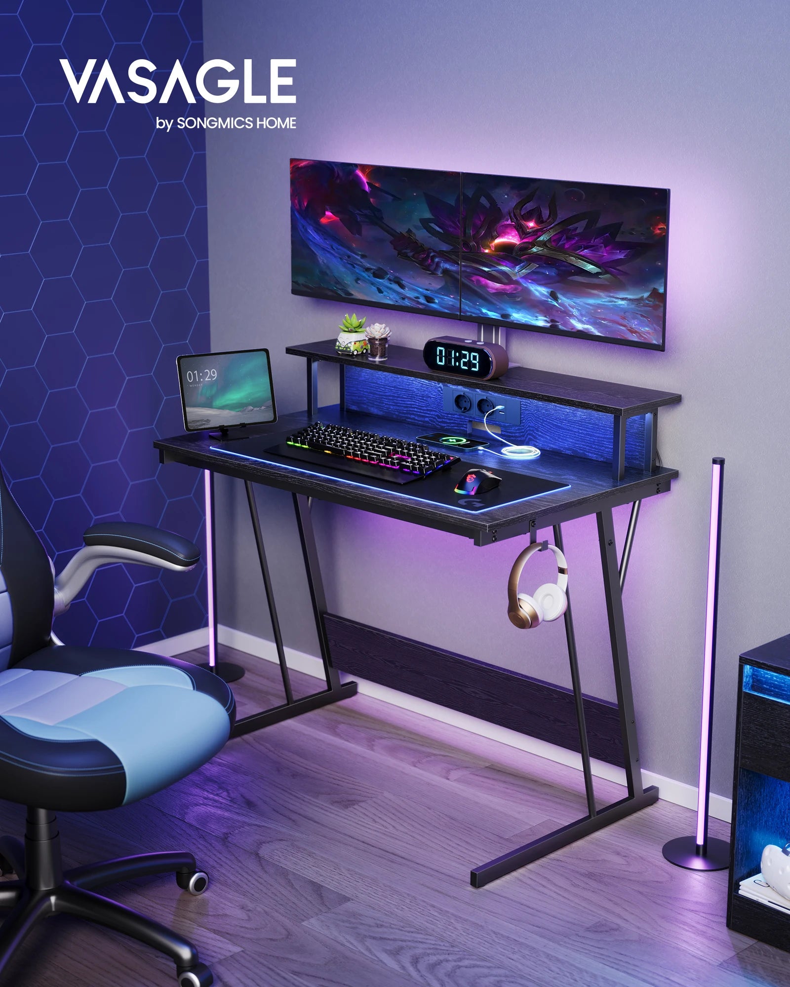 Gaming Desk with LED and Power Strip, with Monitor Riser, for 2 Computers, 100 x 60 x 76 cm, Wood Black