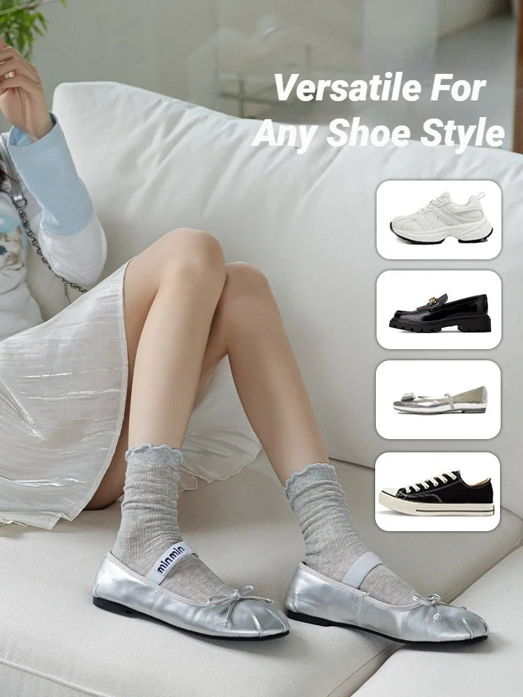 Women Solid Color Mesh Mid Tube Socks Spring Summer Thin Lightweight Breathable Wavy Edge Ballet Style Casual Hollo