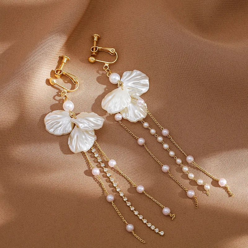 Trendy Temperament Long Pearls No Hole Clip Earrings Imitation Pearl Shell Tassel Long Clip on Earrings on Pierced Ears Women