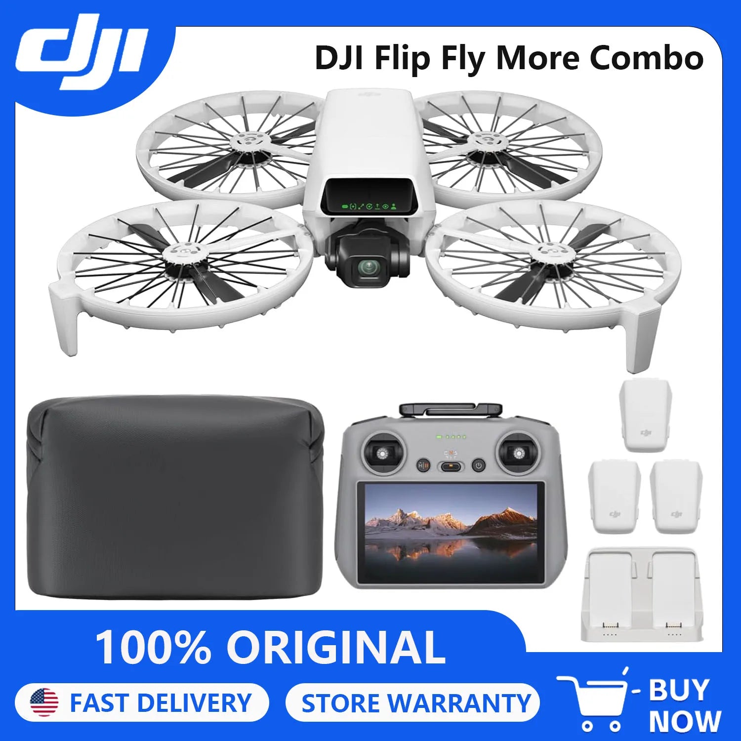 DJI Drones Flip Fly More Combo With RC 2 Screen Remote Controller, Drone With 4K UHD Camera for Adults, Palm Takeoff, Auto Return, Intelligent Flight, 3 Batteries for 93-Min Flight Time