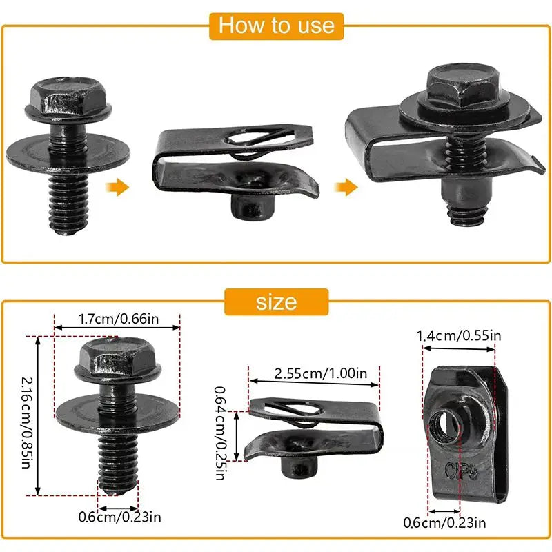 20pcs Car Body Bolts & U-nut Clips M6 Engine Cover Undertray Floor Splash Guards, Bumper Washers Fastener Rivet Screw