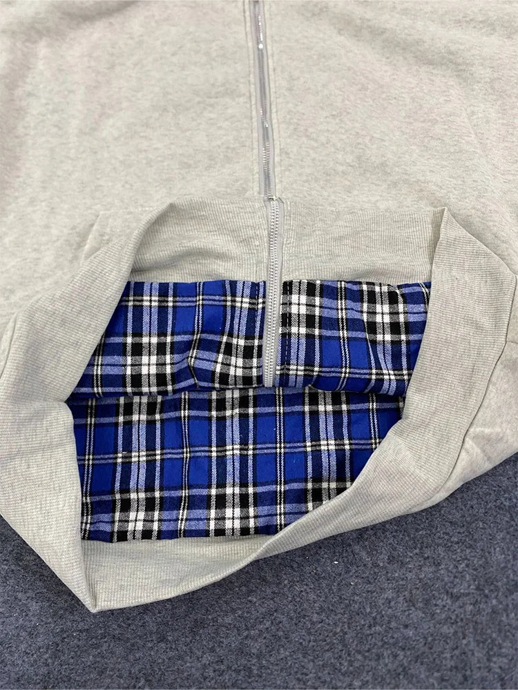 Winter Casual Plaid Print Hoodie Women's Warm Zip-Up Double-Sided Wear Sweatshirt Female Fashion Trendy Loose Hooded