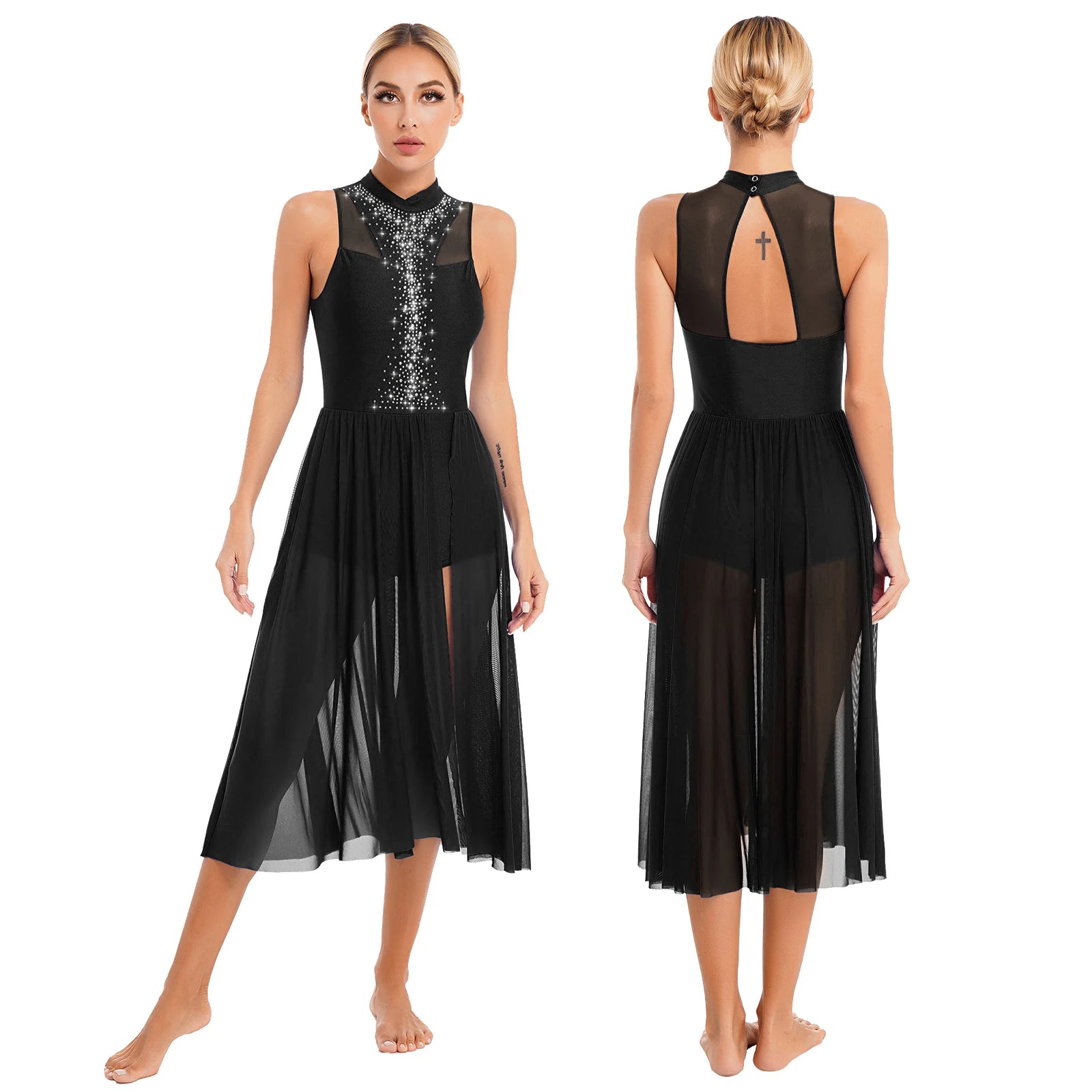 Womens Ballet Lyrical Dance Dress Cutout Back Full Length Overlay Leotard Costume Latin Rumba Tango Maxi Dress Long Dancewear