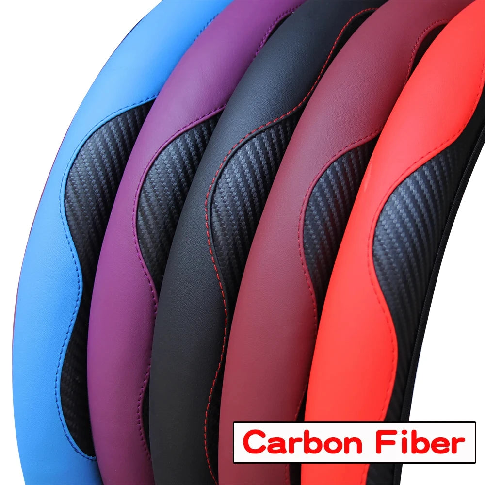 Carbon fiber PU leather car steering wheel cover without inner ring suitable for 14.5-15 inch car wheel covers