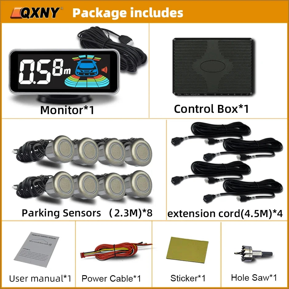 8 Parktronic Parking Sensors Kit Reversing Front and Rear Car Backup Radar Detector Backing Assistance Sound Aler AID