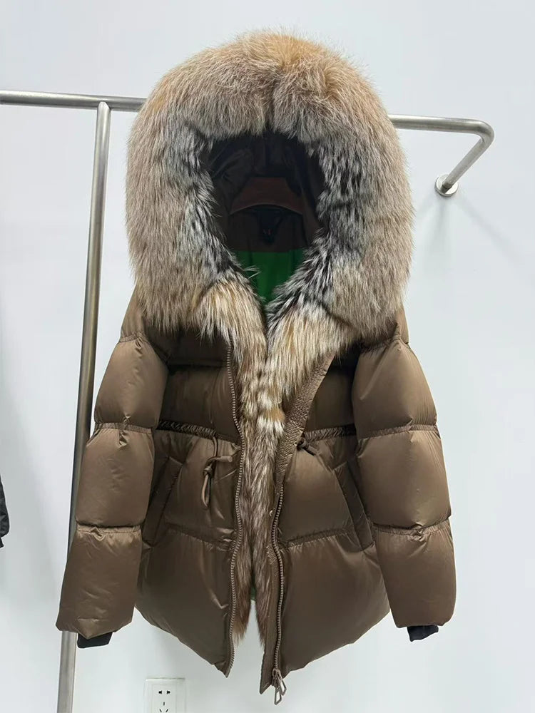 Winter Real Fox Fur Collar Hooded Thick Goose Down Jacket Natural Coat Women Female Outwear Luxury Warm Russia Puffer Jackets