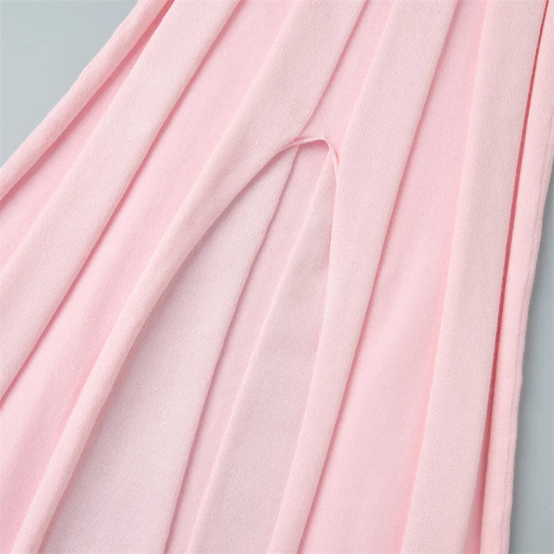 Tsiisd Ribbed Knit Maxi Dress For Women Deep V-Neck Slim High Slit Elegant Patchwork Commute Party Dress Women Knitwear Dress