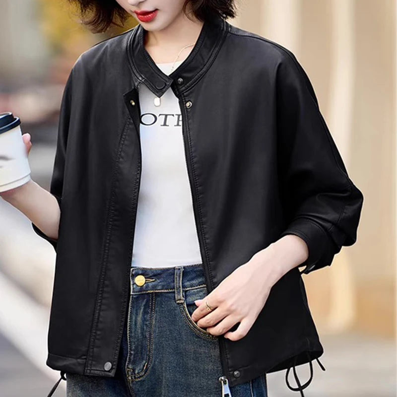 Masss Wasss 2025 Autumn Ladies Classic Fashion Oversized PU Jackets Womems Leisure Faux Leather Coats Loose Vintage Windbreakers