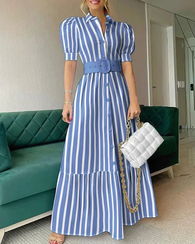 High Waist Temperament Solid Color Mid Length Skirt robe Slim Fit Bubble Sleeve Dress With Belt Robe 2024 Spring Womem Clothing