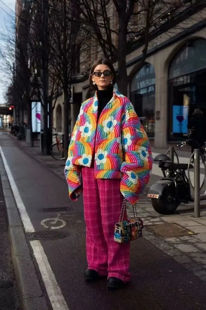 Rainbow Floral Print Winter Cotton Coat Women Chic Casual Cardigan Vintage Harajuku Autumn Puffer Jacket Quilted Streetwear New