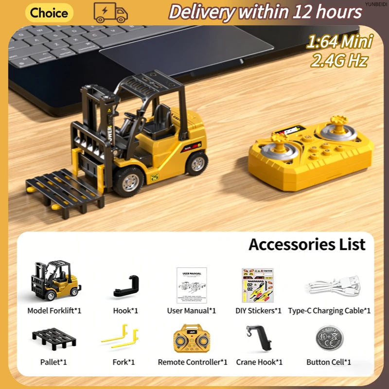1:64 RC Mini Alloy Car Forklift with Trailer Excavator Desktop Game 2.4G Remote Control Engineering Lift Truck Child's Toy Gifts