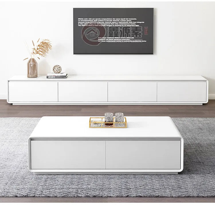 Modern White Living Room Furniture Set, Coffee Table and TV Stand with Storage Cabinets, Contemporary Entertainment Center Set