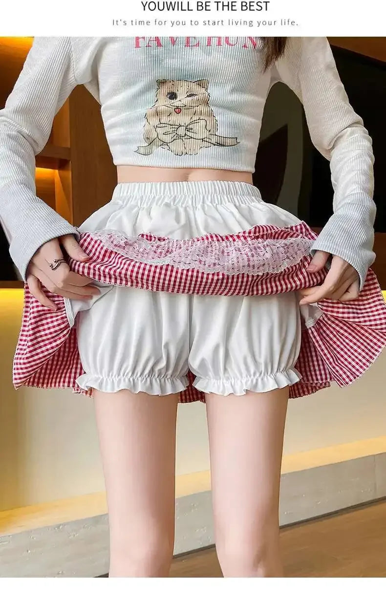 2025 Spring Summer Sweet Cute Lace Patchwork Plaid Cake Short Skirt With Shorts Womem Korean Japan Preppy Style Skirts