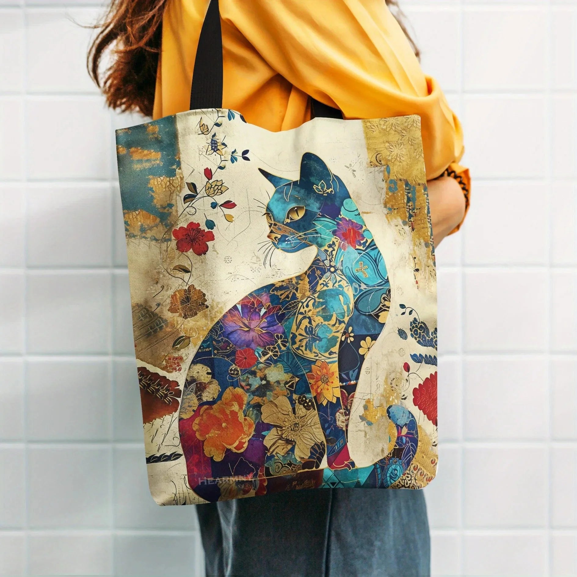Floral Cat Pattern Tote Bag, Aesthetic Canvas School Shoulder Bag, Lightweight Grocery Shopping Bag