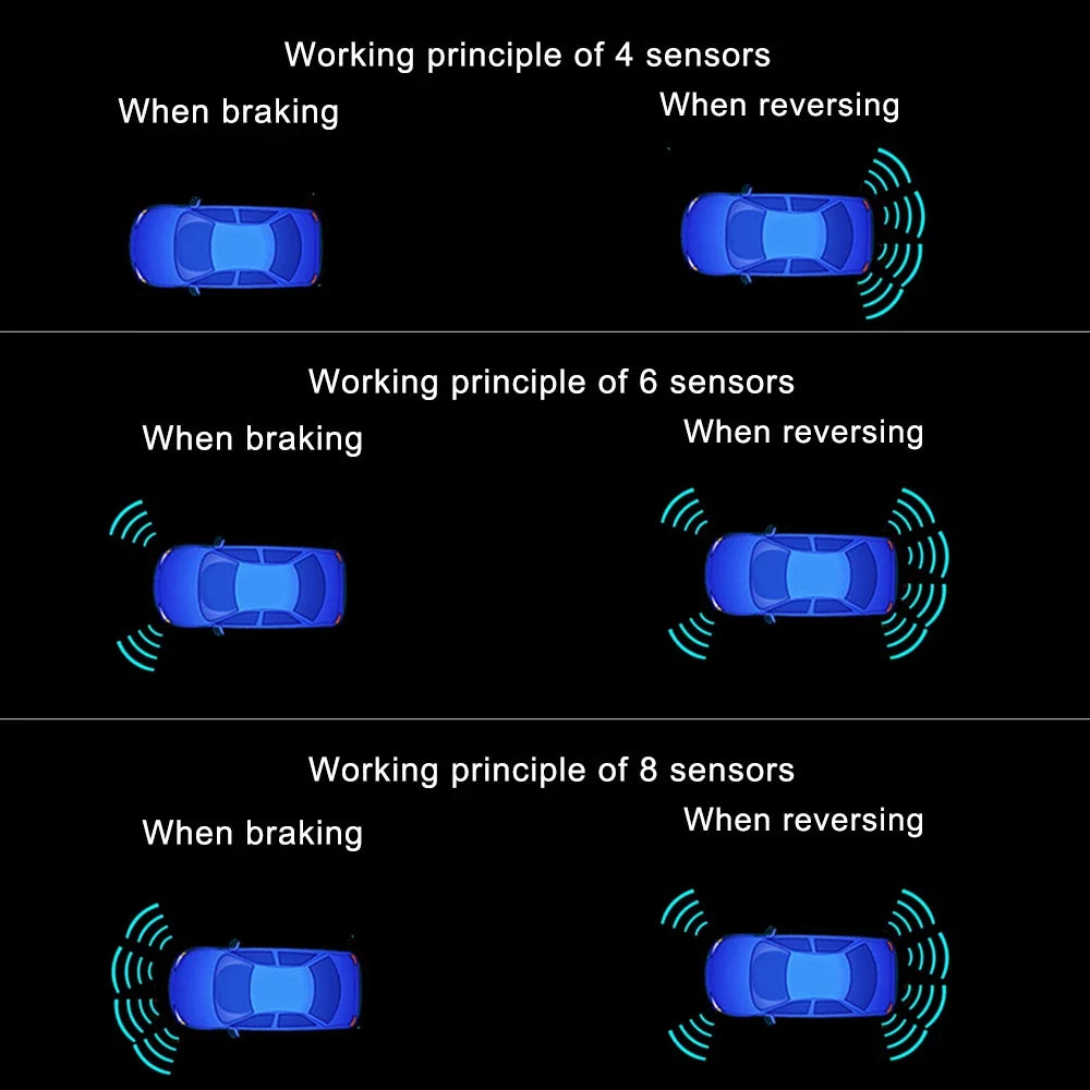 8 Parktronic Parking Sensors Kit Reversing Front and Rear Car Backup Radar Detector Backing Assistance Sound Aler AID