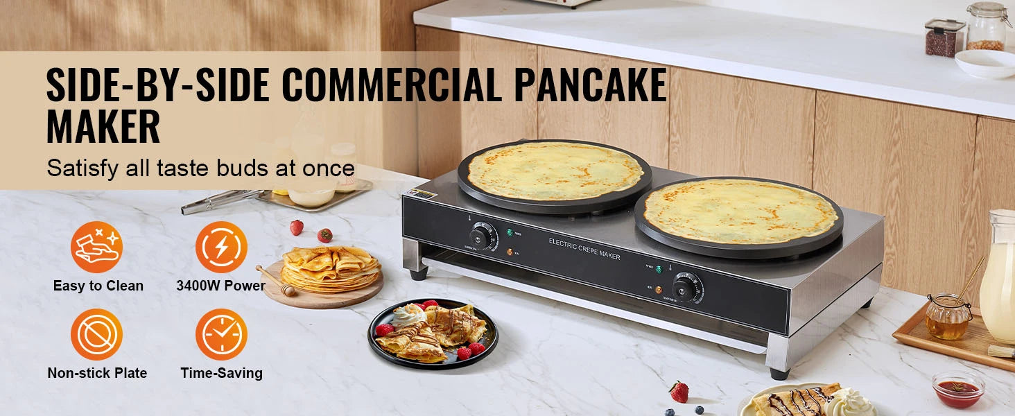 SucceBuy 16inch Electric Crepe Maker Double Head Commercial Crepe Machine 3400W Flat Plate Crepe Griddle Nonstick Pancake Stove