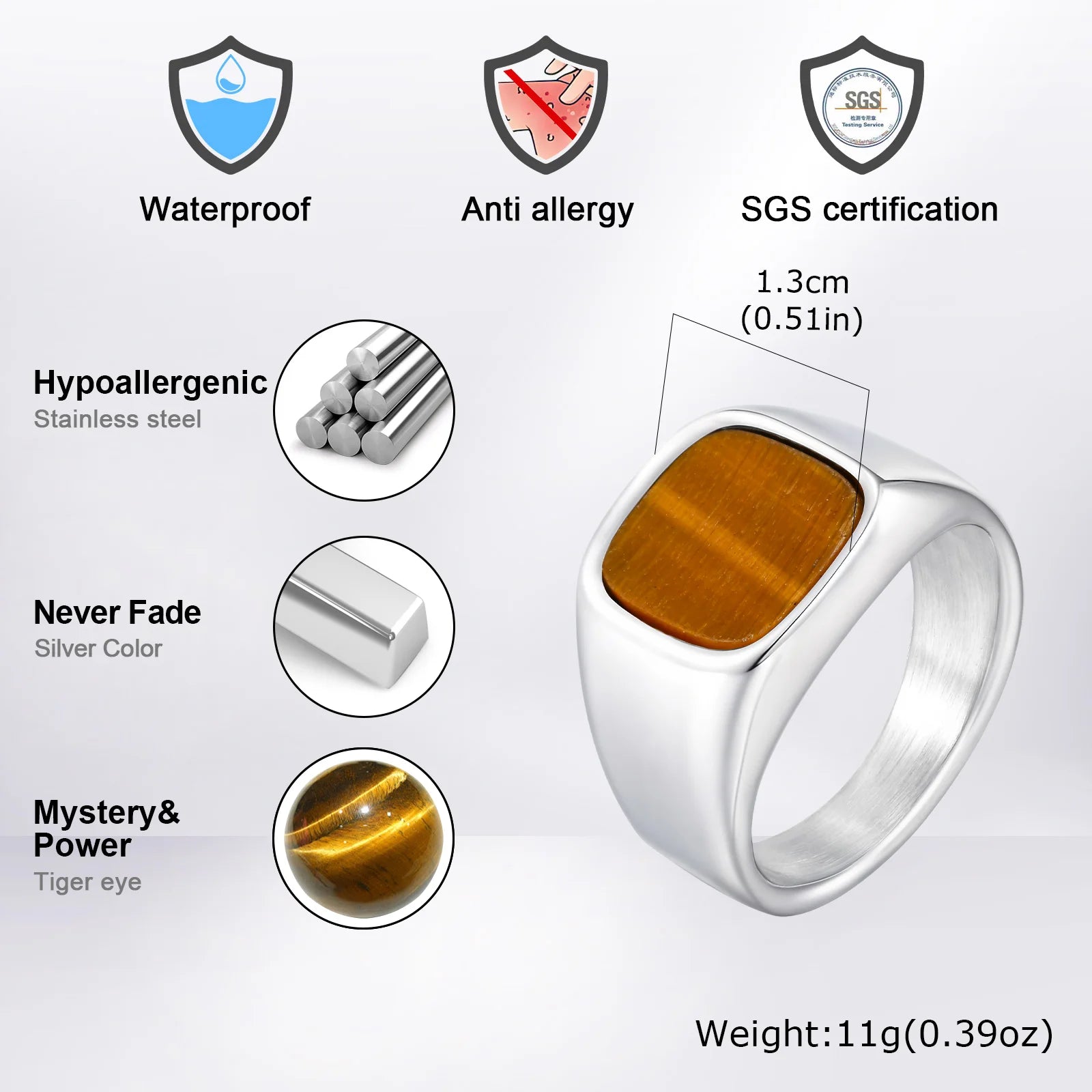 Men's High-Quality Stainless Steel Square Signet Ring with Black Glass And Natural Tiger Eye Stone - Fashion Classic Jewelry