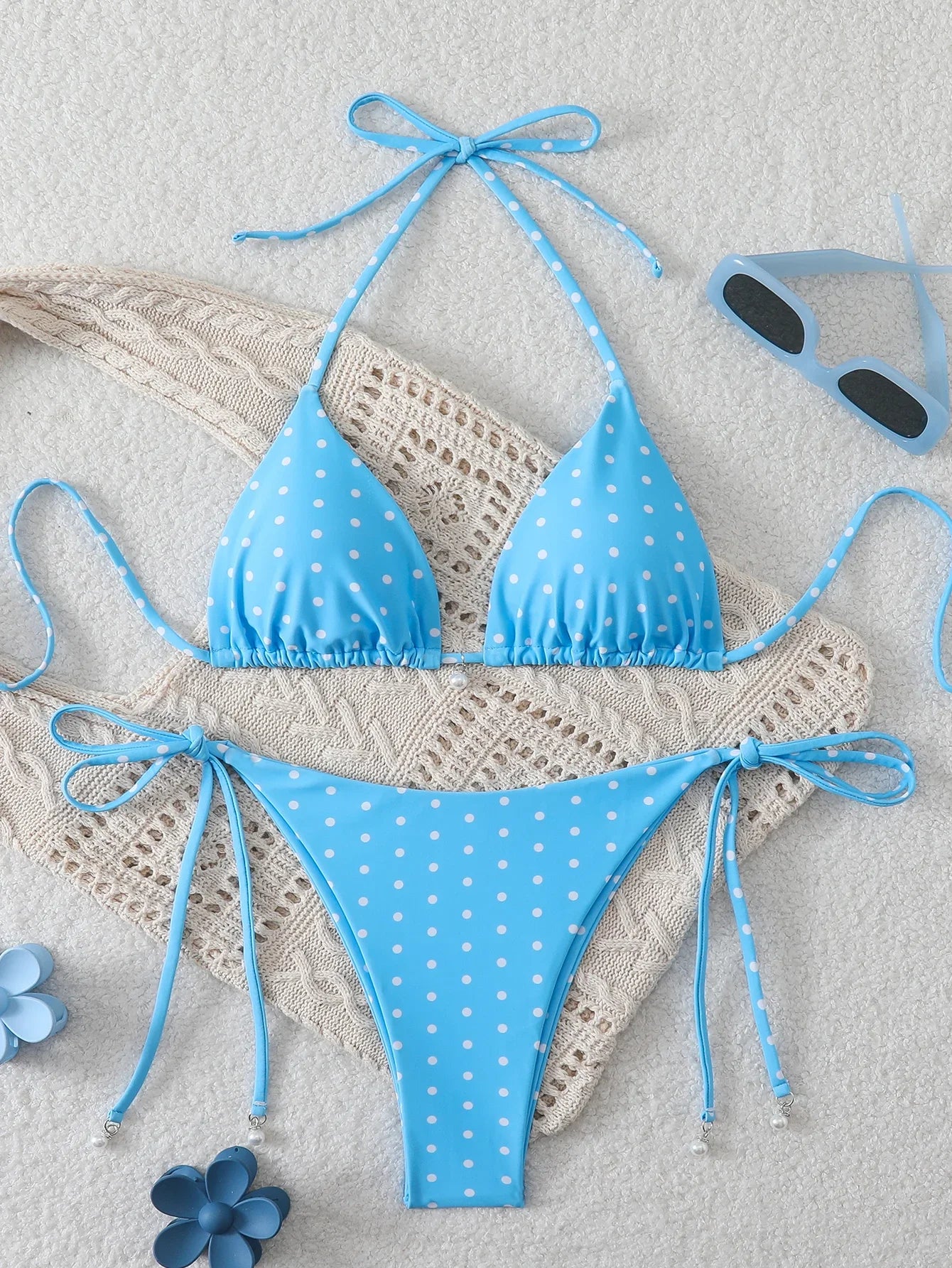 Women's Sexy Polka Dot Halter Bikini Set Lace-Up Low Waist Two-Piece Triangle Thong Swimwear Tie On Side Brazilian Biquinis