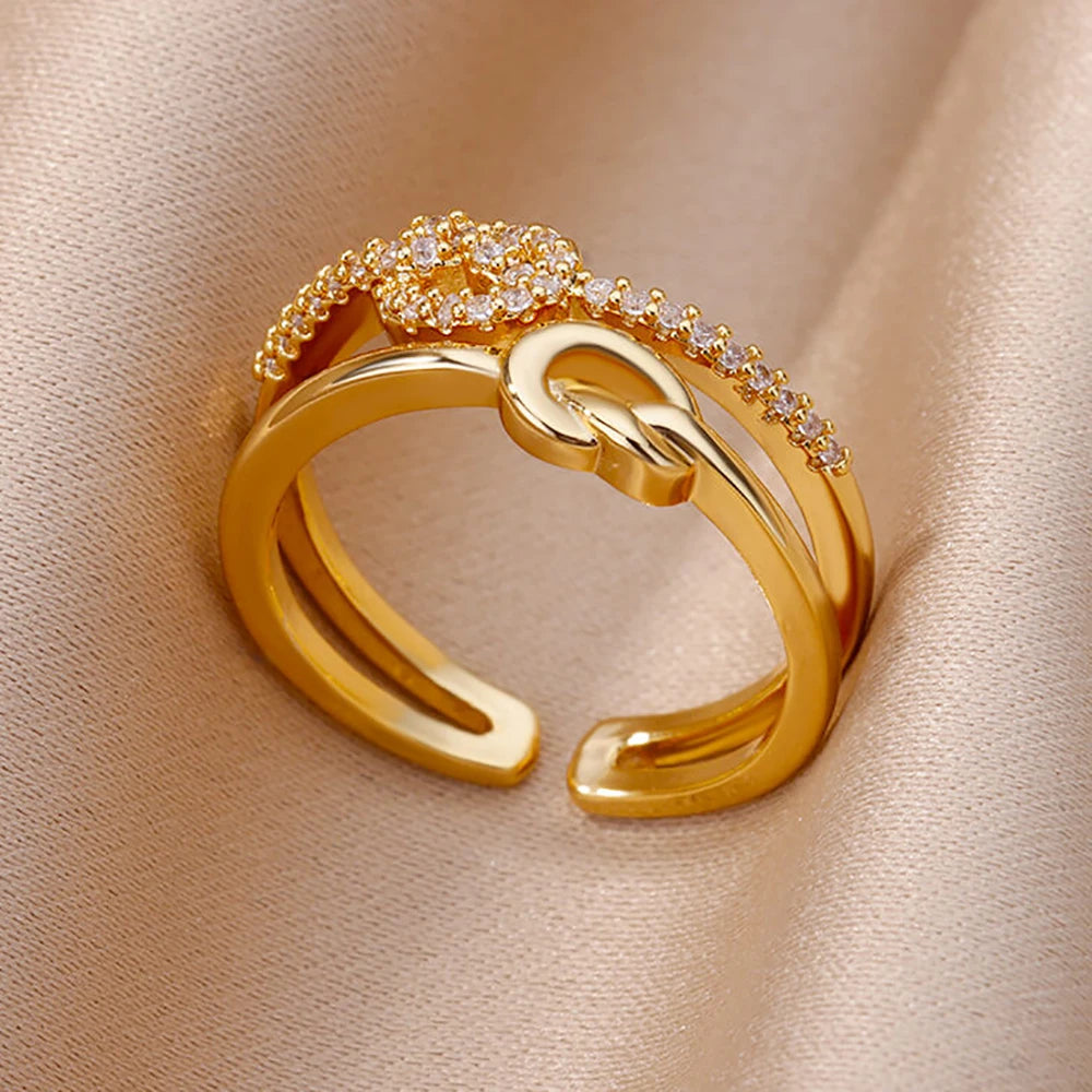 Fashion Chain Hollow Out Rings For Women Gold Color Stainless Steel Zircon Cross Open Ring Trendy Wedding Aesthetic Jewerly Gift