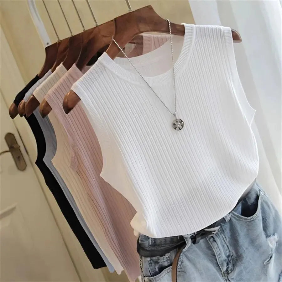 2026 Summer New Fashion Knitted Vests O-neck Sleeveless Casual Thin Tops Sleeveless Blouse Women Shirt