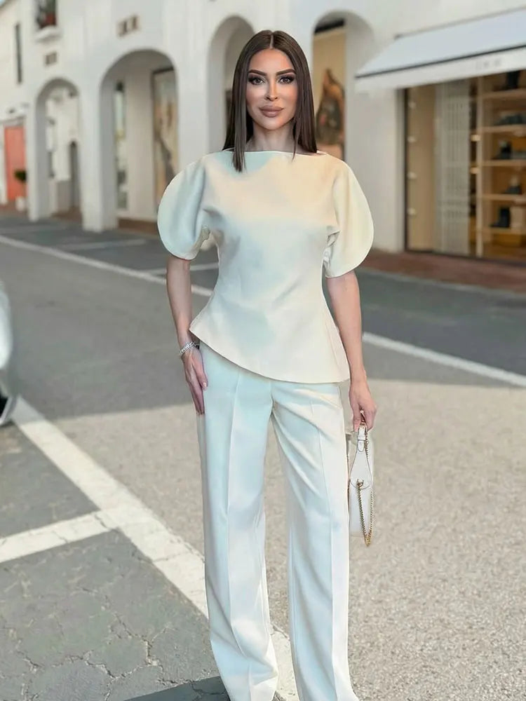 HH Women Elegant Solid Puff Sleeve Blouse Asymmetrical Hem O Neck T-Shirts 2026 Spring Fashion Female Streetwear Y2K Tops
