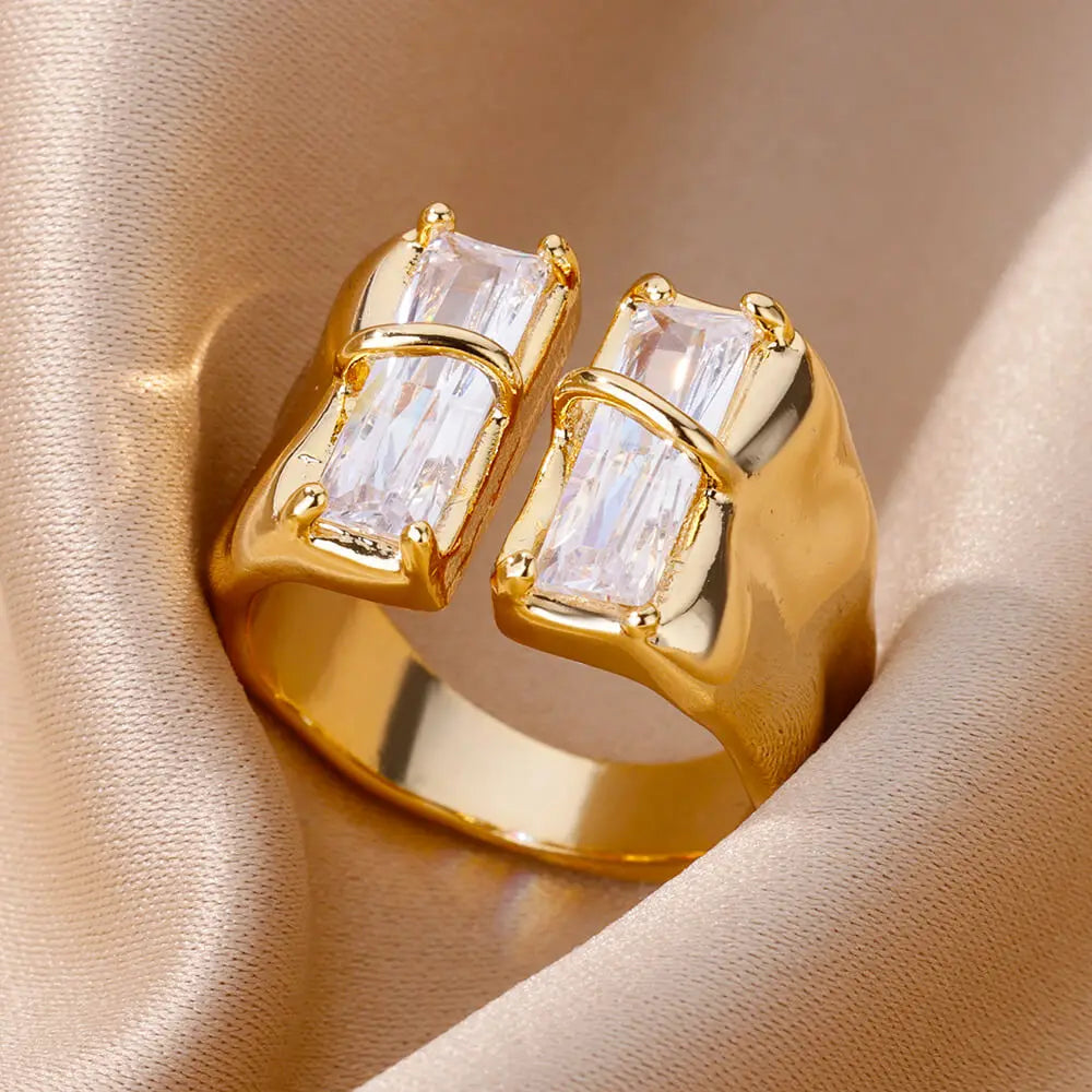 Fashion Chain Hollow Out Rings For Women Gold Color Stainless Steel Zircon Cross Open Ring Trendy Wedding Aesthetic Jewerly Gift