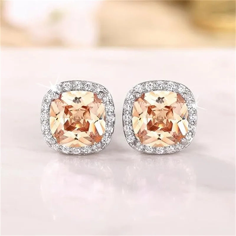 Huitan Bright White/Yellow/Pink CZ Stud Earrings for Women Fashion Contracted Jewelry High Quality Wedding Engagement Earrings