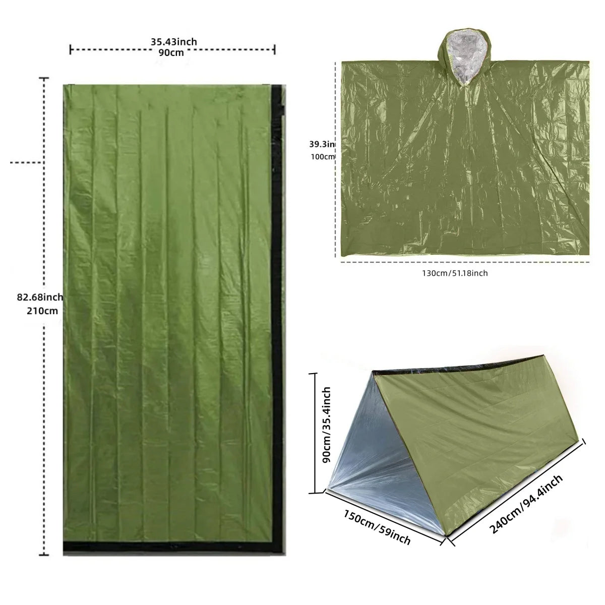 Outdoor emergency 3-piece set including tent, raincoat, sleeping bag, outdoor emergency first aid, travel, outdoor insulation