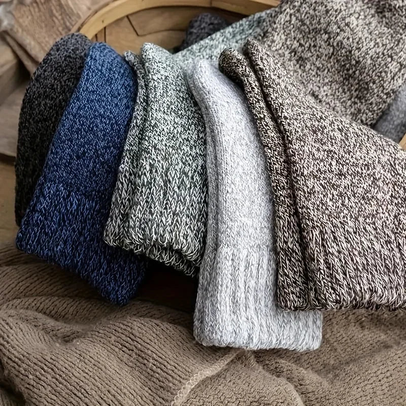 3/5 Pairs Men's Warm Socks, Thick Towel Mid-Calf Socks, Anti-Cold Snow Boots Socks Elastic Solid Color