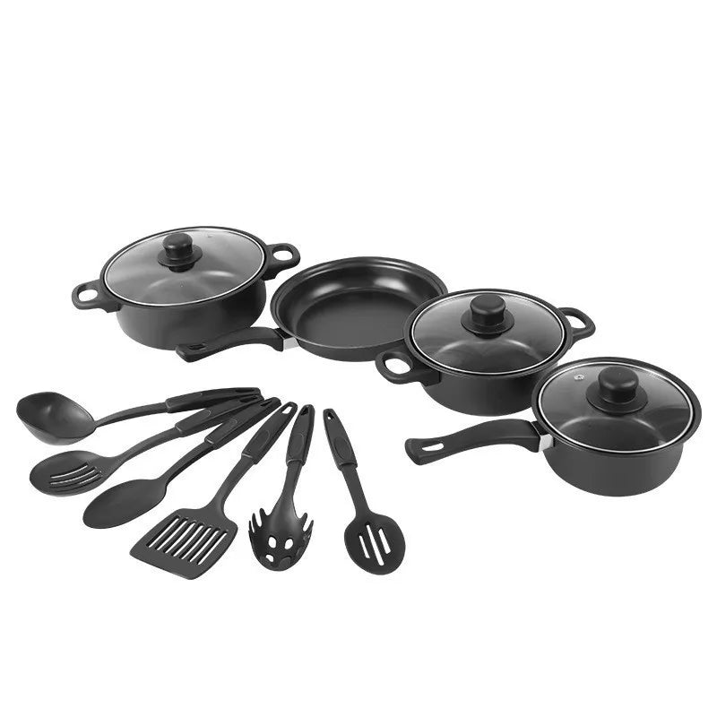 12Pcs Non Stick Cookware Set Cooking Pot with Lid Deep Frying Pan Milk Pot Maifan Stone Frying Pan for All Types of Cooker