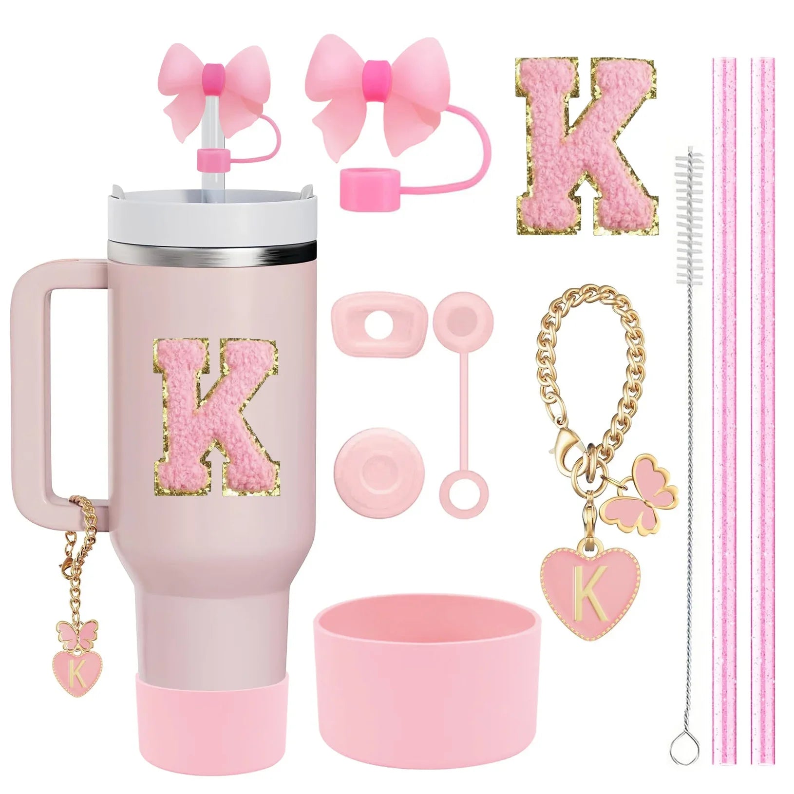 10PCS Accessories Set for Stanley Cup, 2 Straw and Brush and 1 Flower Charm Chain 3 Spill Proof Stopper Flowers Straw Cover Boot