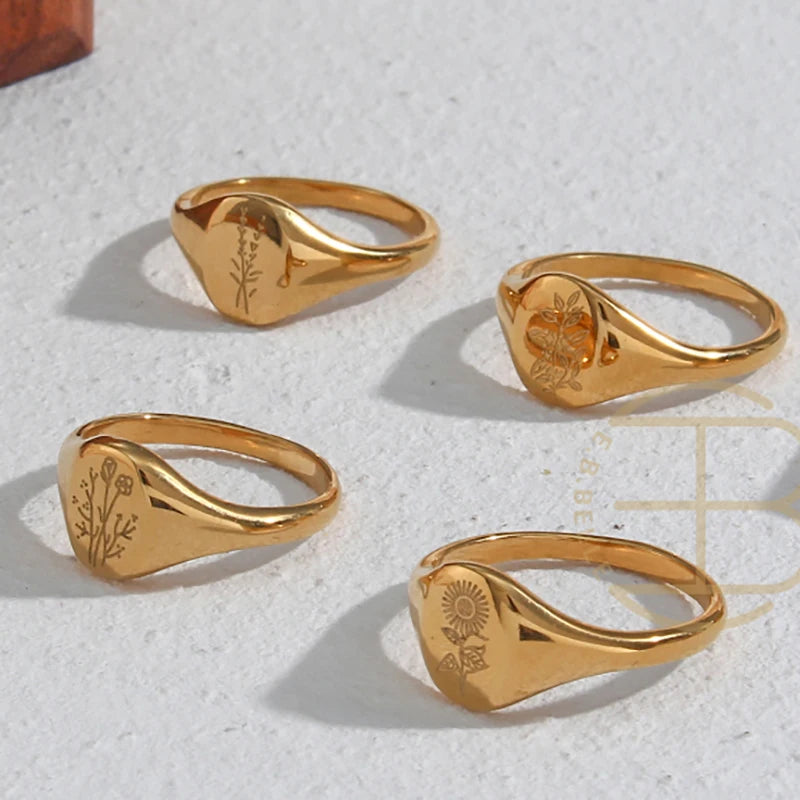Handmade Tarnish Free Stainless Steel 18k Gold Plated Engraving Wildflower Tea Leaf Lavender Sunflower Signet Rings For Women