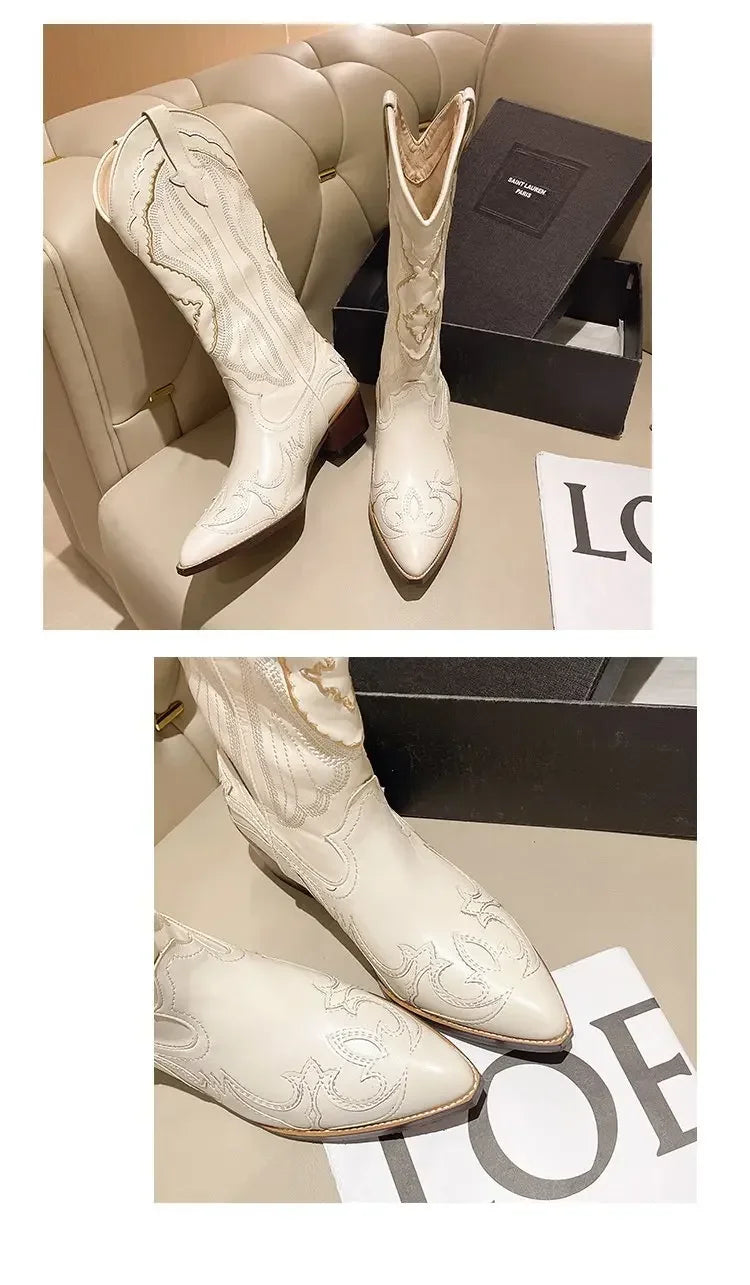 Vintage Square Head Thick Heel Cowboy Boot for Women Embroidered Western Cowboy Boots Side Zipper Shoes Autumn Pointed Boots