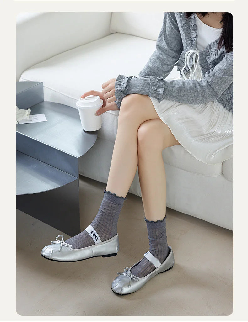 Women Solid Color Mesh Mid Tube Socks Spring Summer Thin Lightweight Breathable Wavy Edge Ballet Style Casual Hollo
