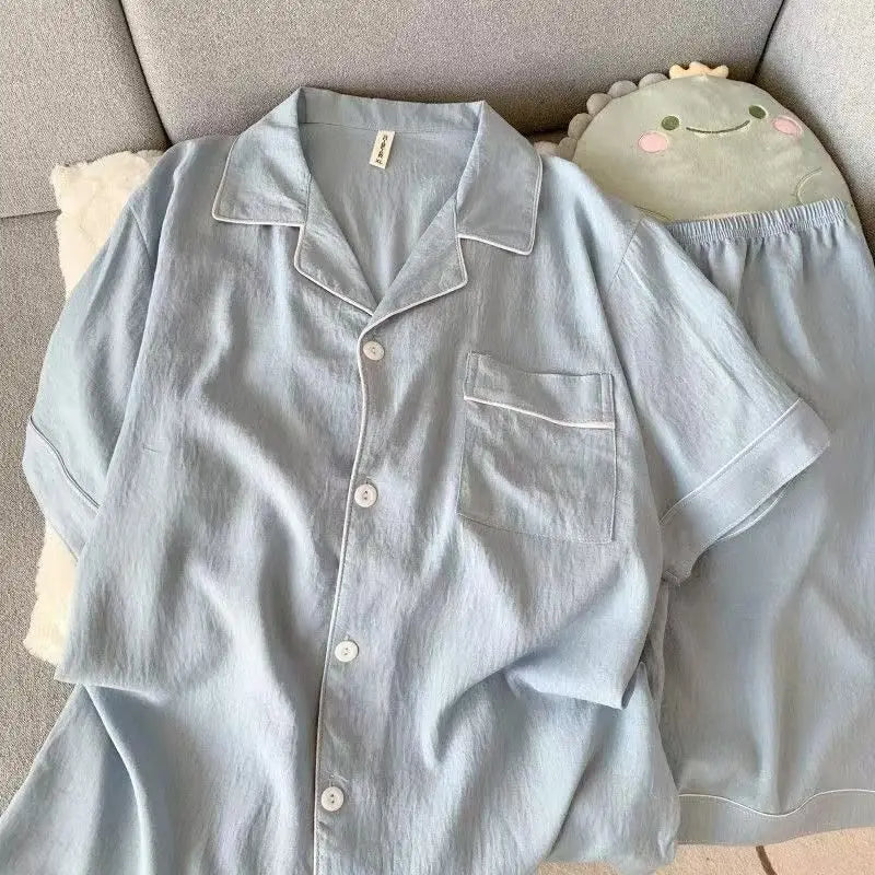 Youth Men's Slim Fit New Pajama Set Solid Color Short Sleeve Lapel Top and Elastic Shorts Pajamas Summer Loungewear Sleepwear