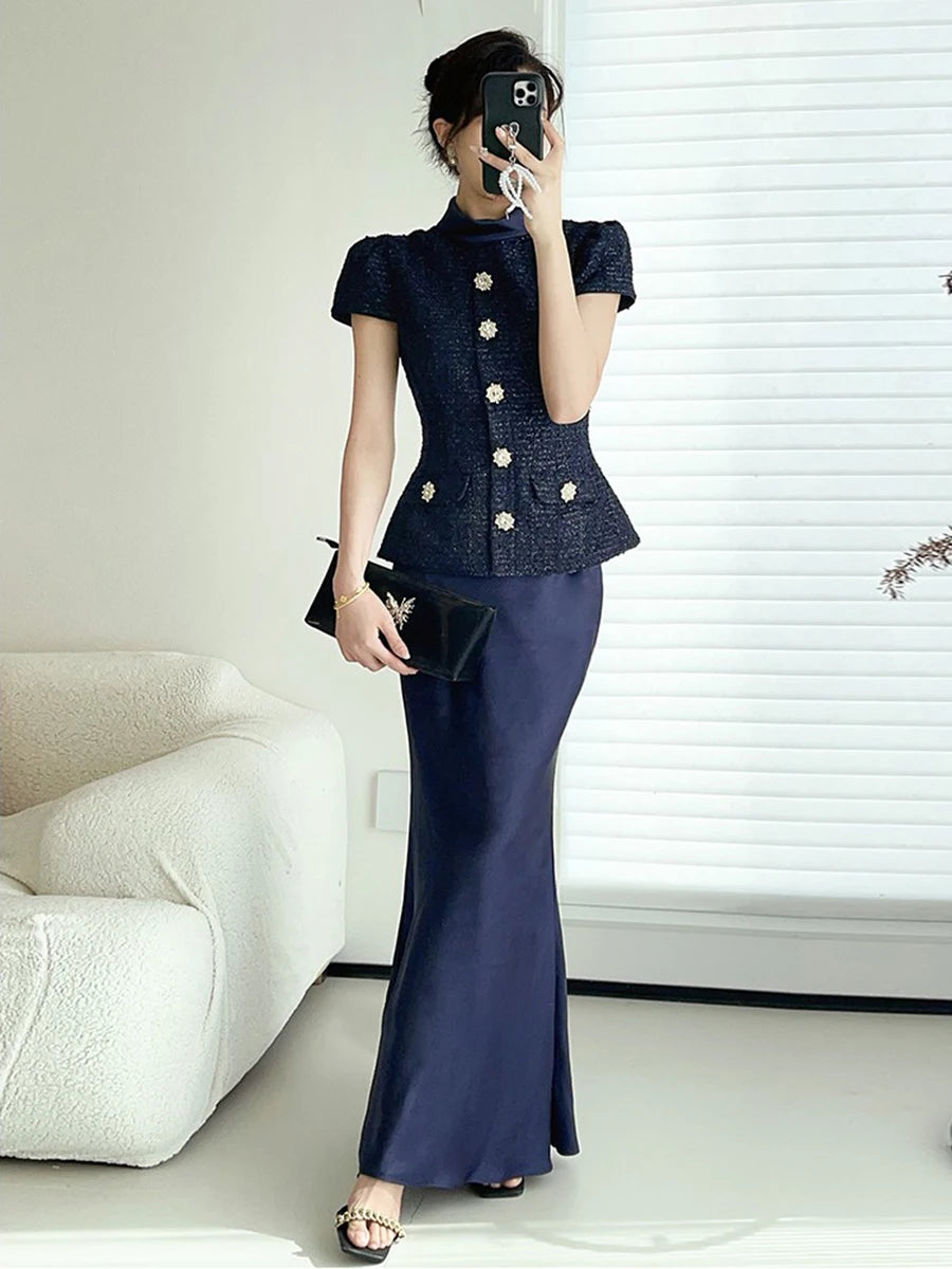 VGH Chic Two Piece Sets for Women Stand Collar Short Sleeves Spliced Pocket Tweed Top High Waist Maxi Skirts Vintage Suit Female
