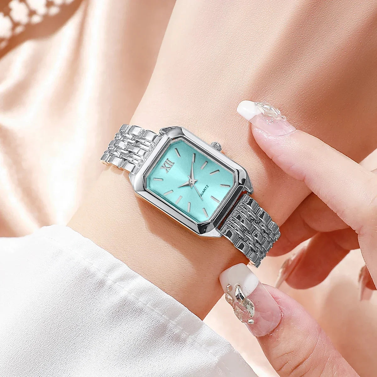 2PCS Fashion Rectangle Women Quartz Watch Rhinestone Bracelet Set Roma Dial Ladies Wristwatches Girls Clock Reloj Mujer
