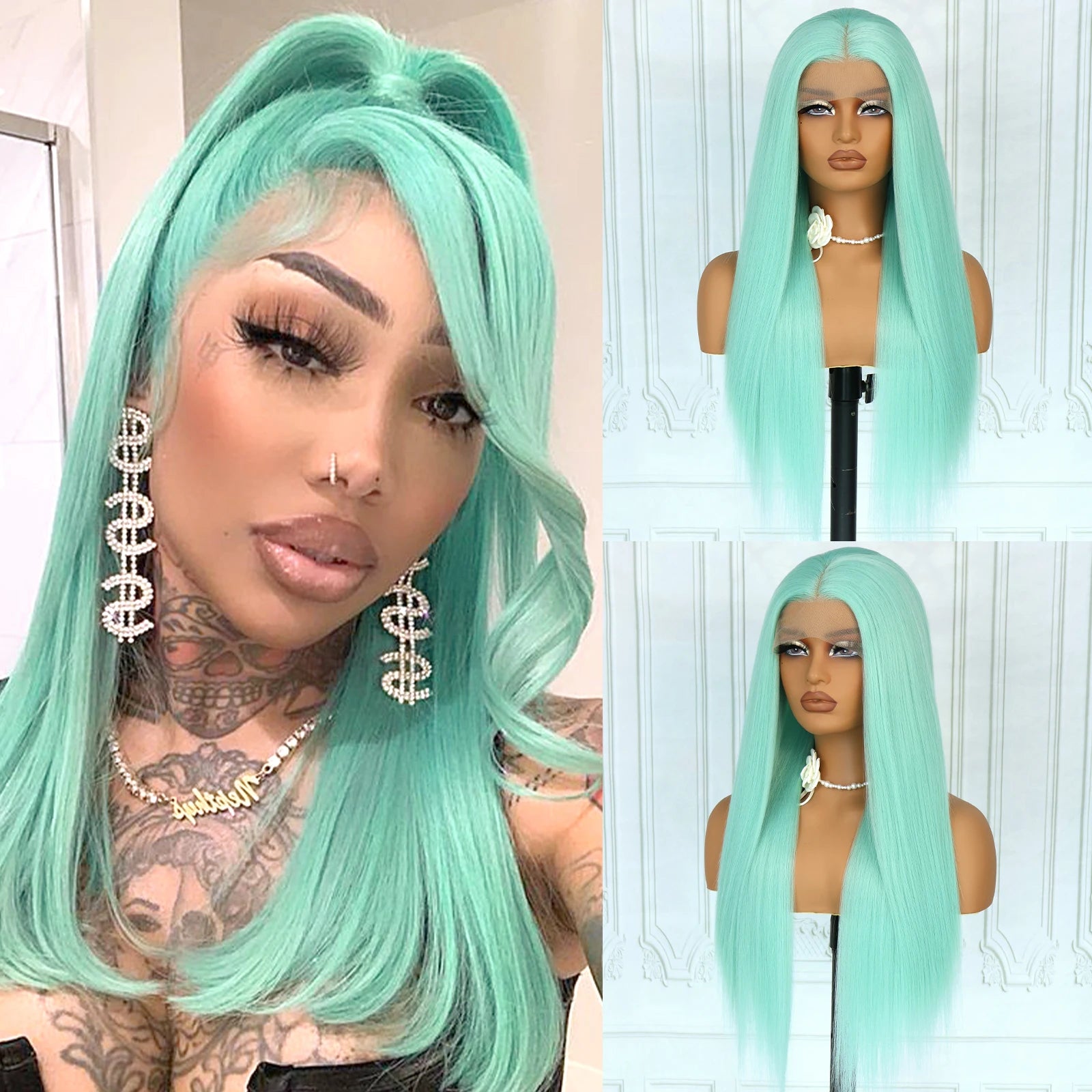 Aubree Synthetic Wigs Blue Hair 13*4 Lace Front Wigs For Daily Use Party Time Long Straight 28 inches 180% Density Glueless
