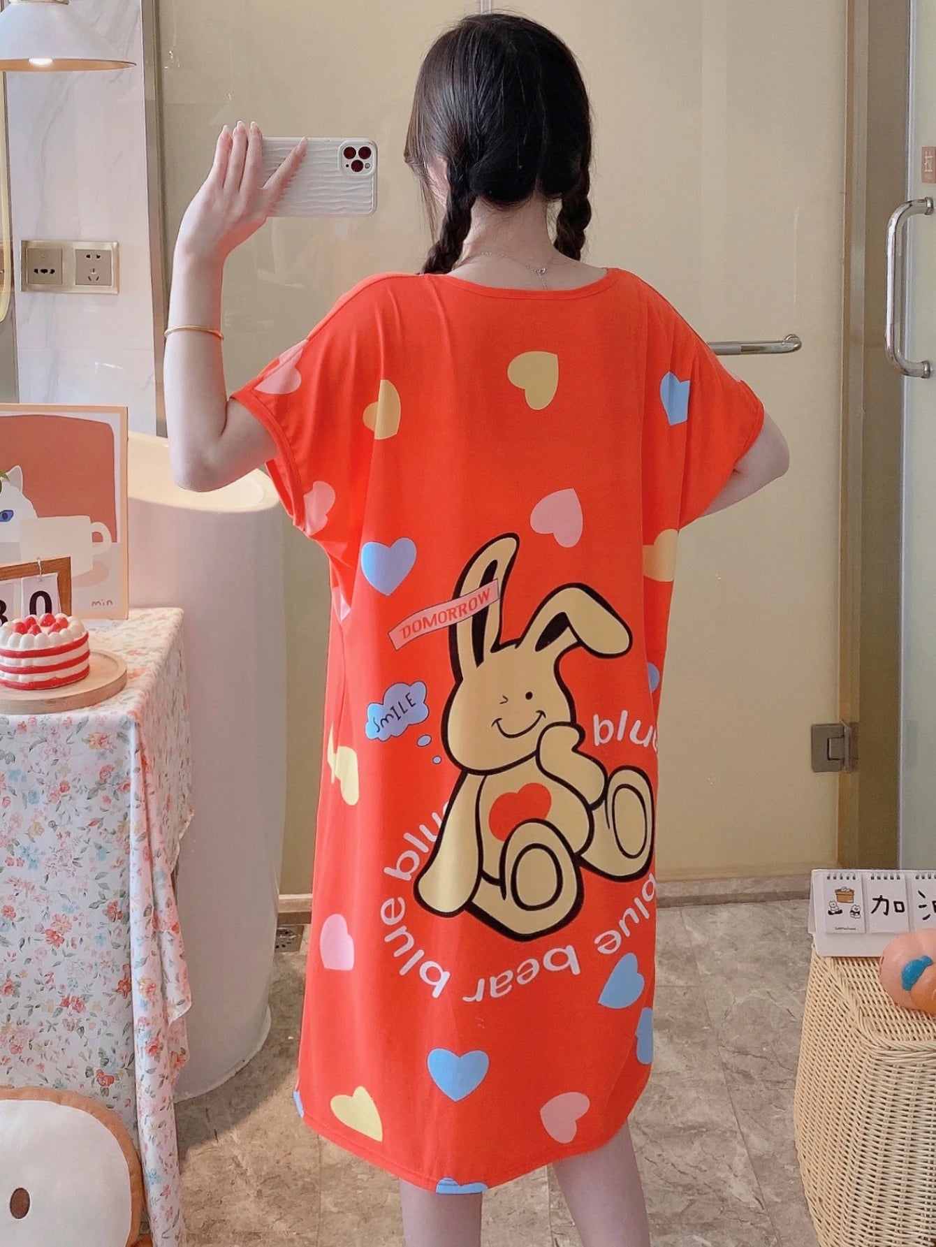 1PC, Summer And Autumn Cool Cute Girls Cartoon Nightdress, Comfortable Short-sleeved Dress, Women's Home Wear, Polyester Pajama