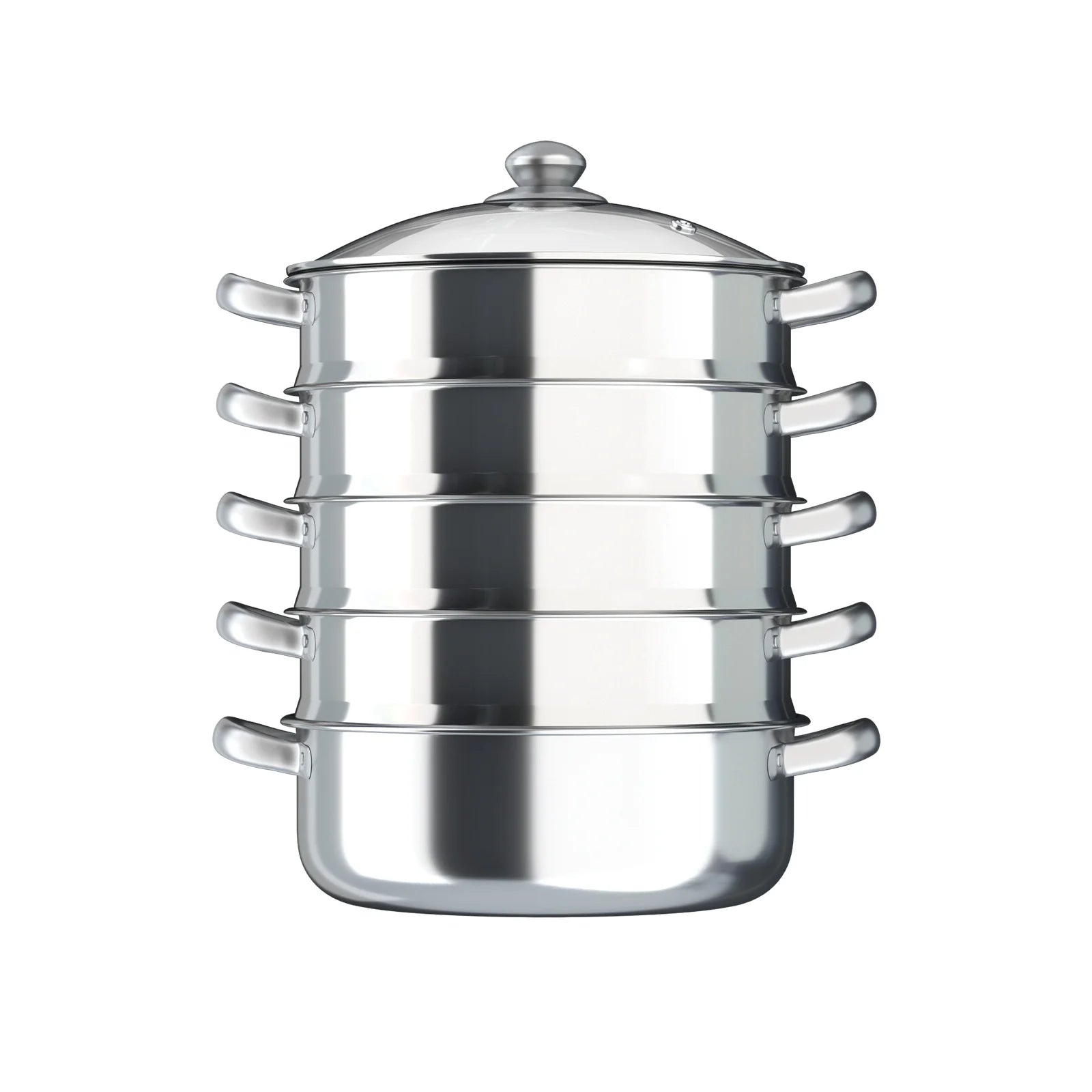 5-Layer Steamer 26cm/28cm/30cm Steam Cooker 304 Food-Grade Stainless Steel 4 Steaming Grids and 1 Cooking Pot W/ Glass Lid