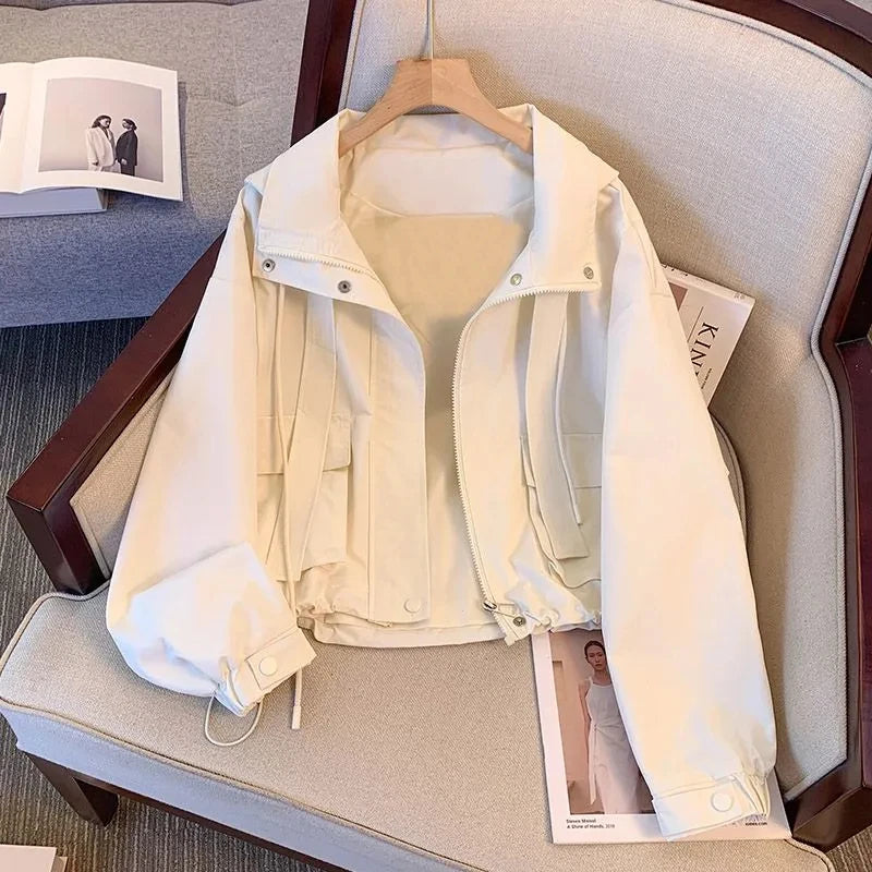 Short Hooded Jacket Women's Spring Autumn 2026 New Lady Loose Thin Work Jacket Top Solid Casual Student Zipper Outwear