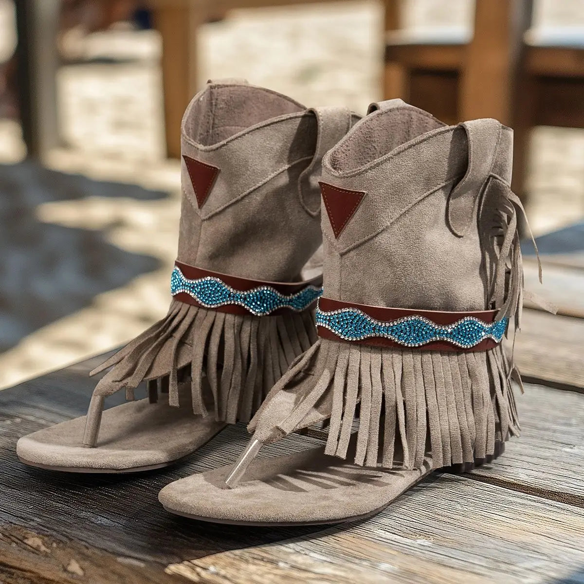 Womens Open Toe Boot Ethnic Style Tassels Rhinestone Vacation Beach Summer Flip Flops Lightweight soft Western cowgirl boots