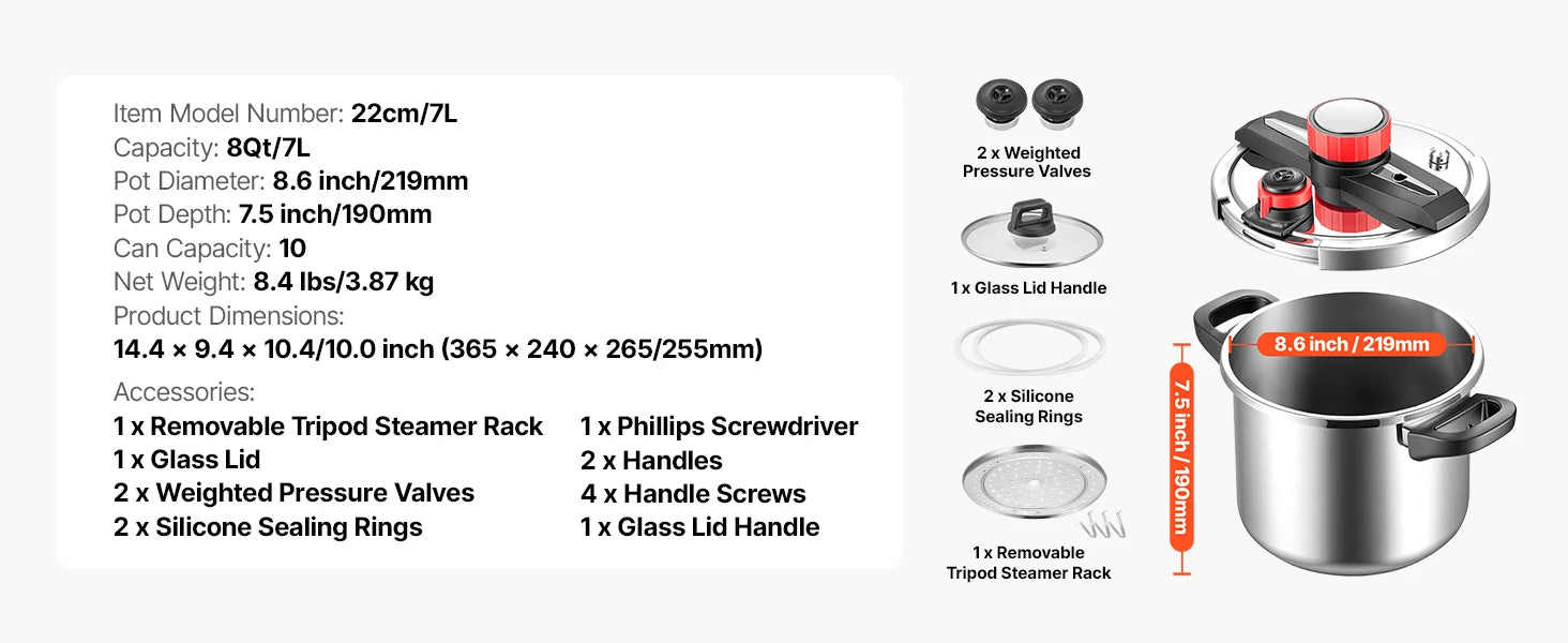 SucceBuy 6.3 8 10 12 Qt Pressure Cooker Stainless Steel Pressures Canner with Steaming Rack Tempered Glass Lid for Meat, Beans,