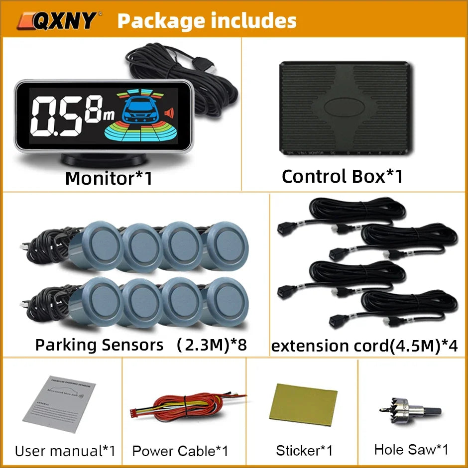 8 Parktronic Parking Sensors Kit Reversing Front and Rear Car Backup Radar Detector Backing Assistance Sound Aler AID