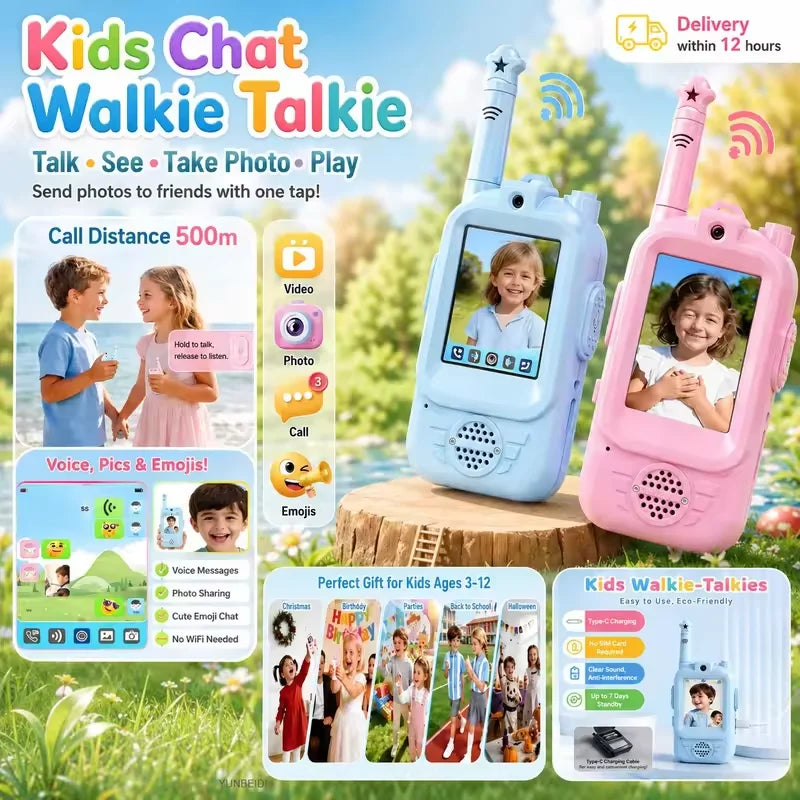 2PCS Kids Video Walkie Talkies USB Charging Indoor and Outdoor High Definition Intercom Children's Toys Birthday Gifts Ages 3-12