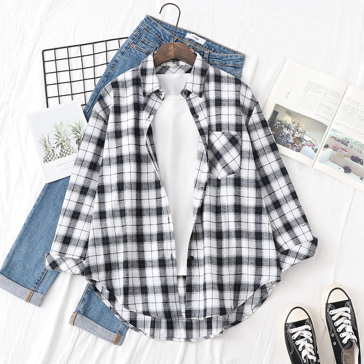 Casual Women's Plaid Shirt 2025 Spring Autumn New Ladies Loose Blouse and Tops Female Long Sleeve Shirts Fresh Checked Clothes