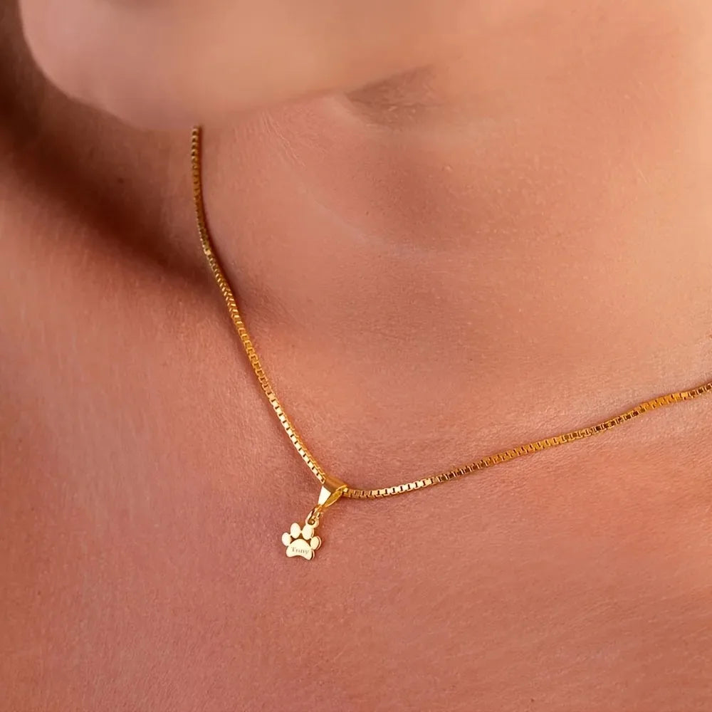 Custom Name Necklace Personalized Paw Necklace Box Chain Stainless Steel Lovely Cat Dog Paw Pet Necklace Jewelry Gifts for Women